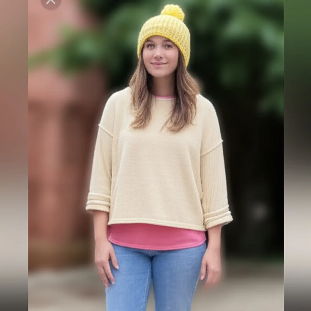 Handmade pom-pom hat beanie with fleece lining at ears crochet